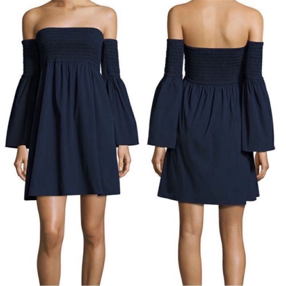 Milly NWT Jodi Smocked Off The Shoulder Poplin Dress Navy Size Large